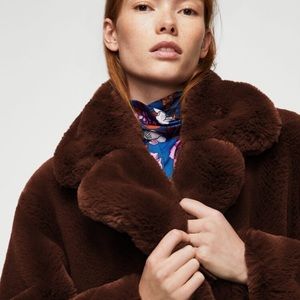 Mango brown faux fur coat floral printed lining